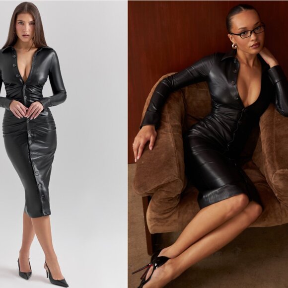 HOUSE OF CB 'Viola' Black Vegan Leather Long Sleeve Midi Dress NWOT